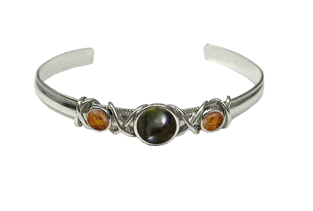 Sterling Silver Hand Made Cuff Bracelet With Spectrolite And Amber